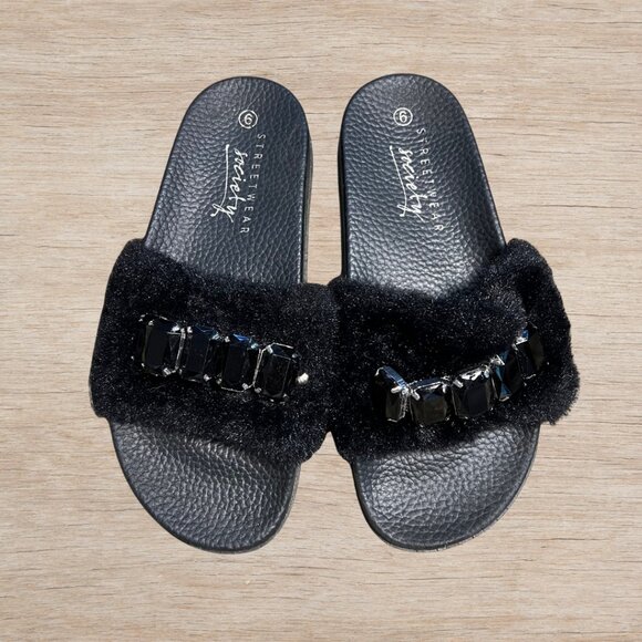 NWOT Black Slides Slippers Fuzzy Faux Fur Glam Rhinestones Women’s Sz 6 - Picture 1 of 4